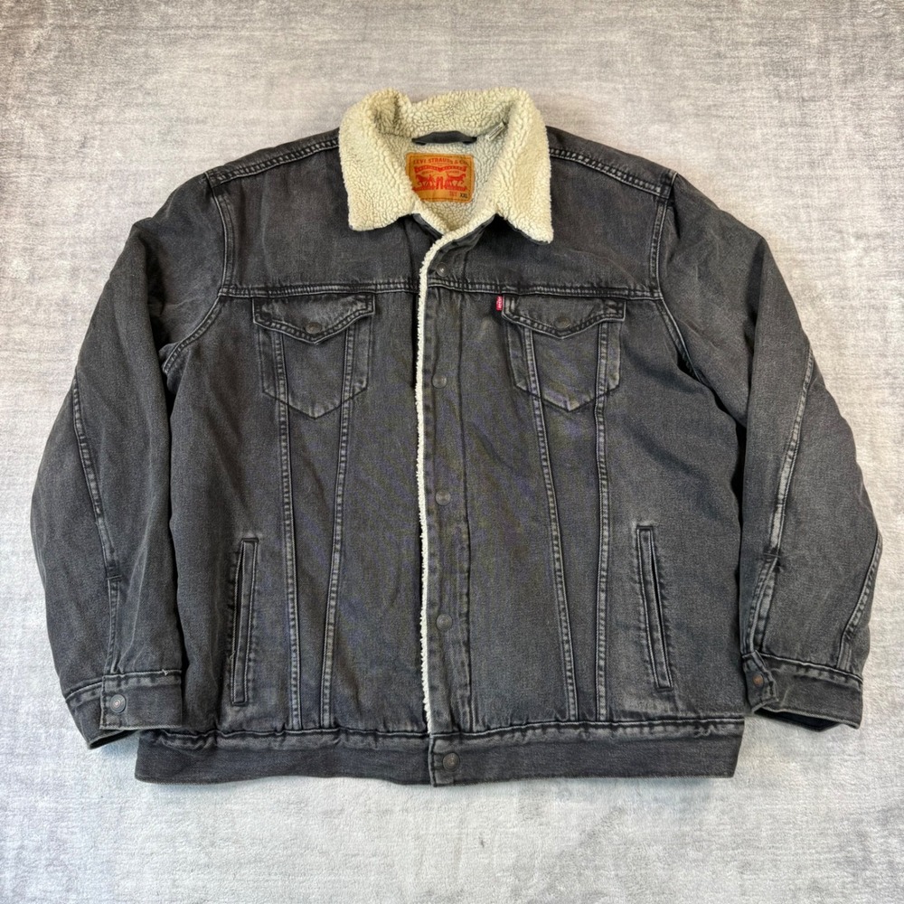 Levis Jacket Mens 2XL Black Denim Sherpa Lined Trucker WaterLess Faux Fur Coat